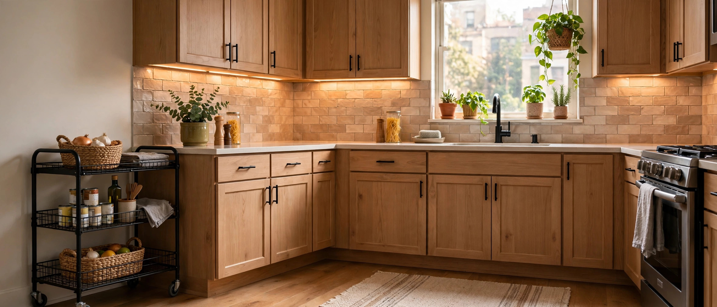 Renter-friendly apartment kitchen with peel and stick backsplash and rolling storage cart