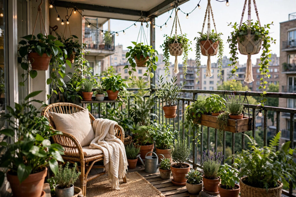 Balcony garden ideas for small outdoor spaces – a small balcony filled with potted plants, herbs and flowers