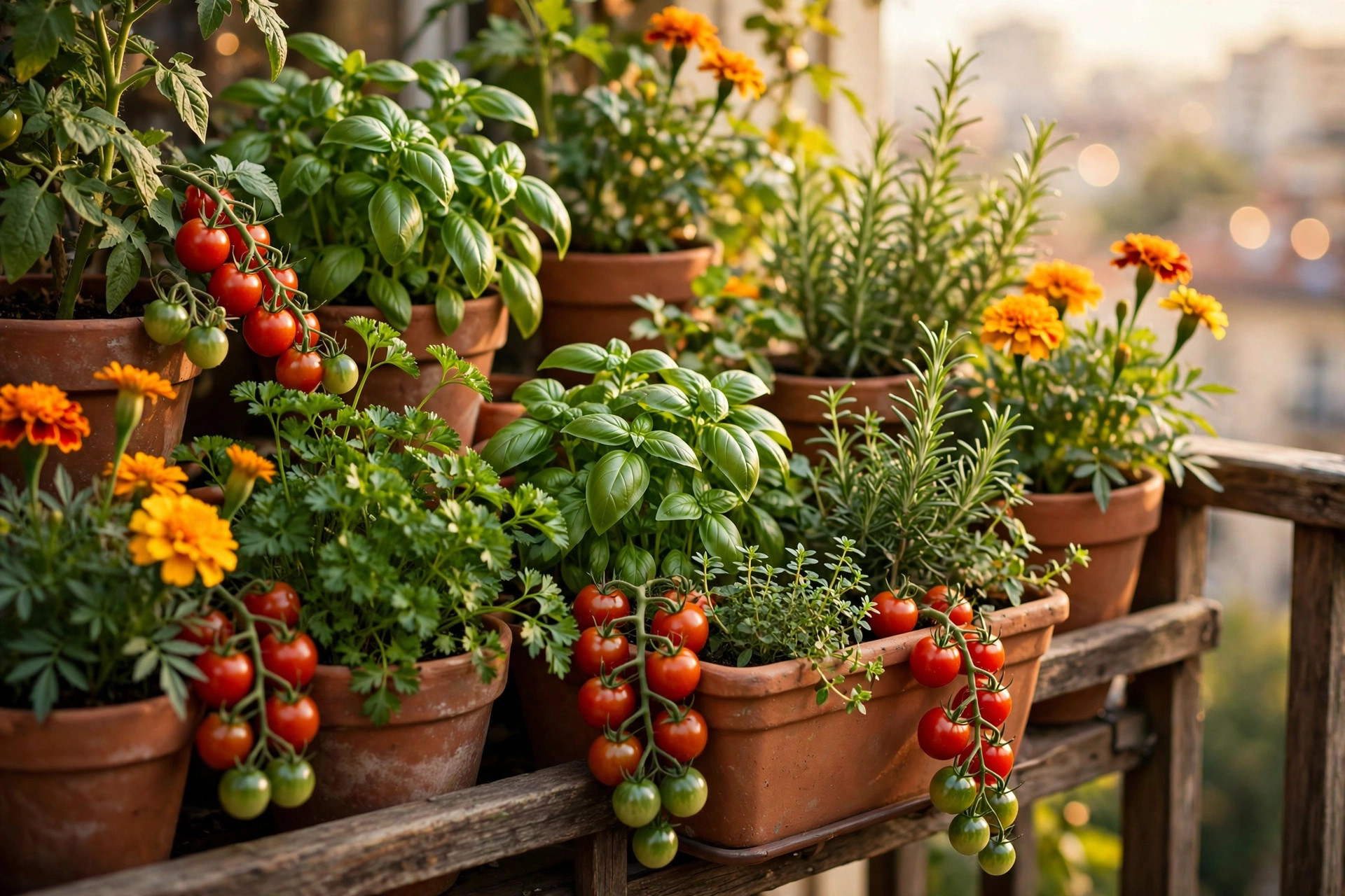 Small balcony garden with potted herbs and flowers - home garden ideas for every space