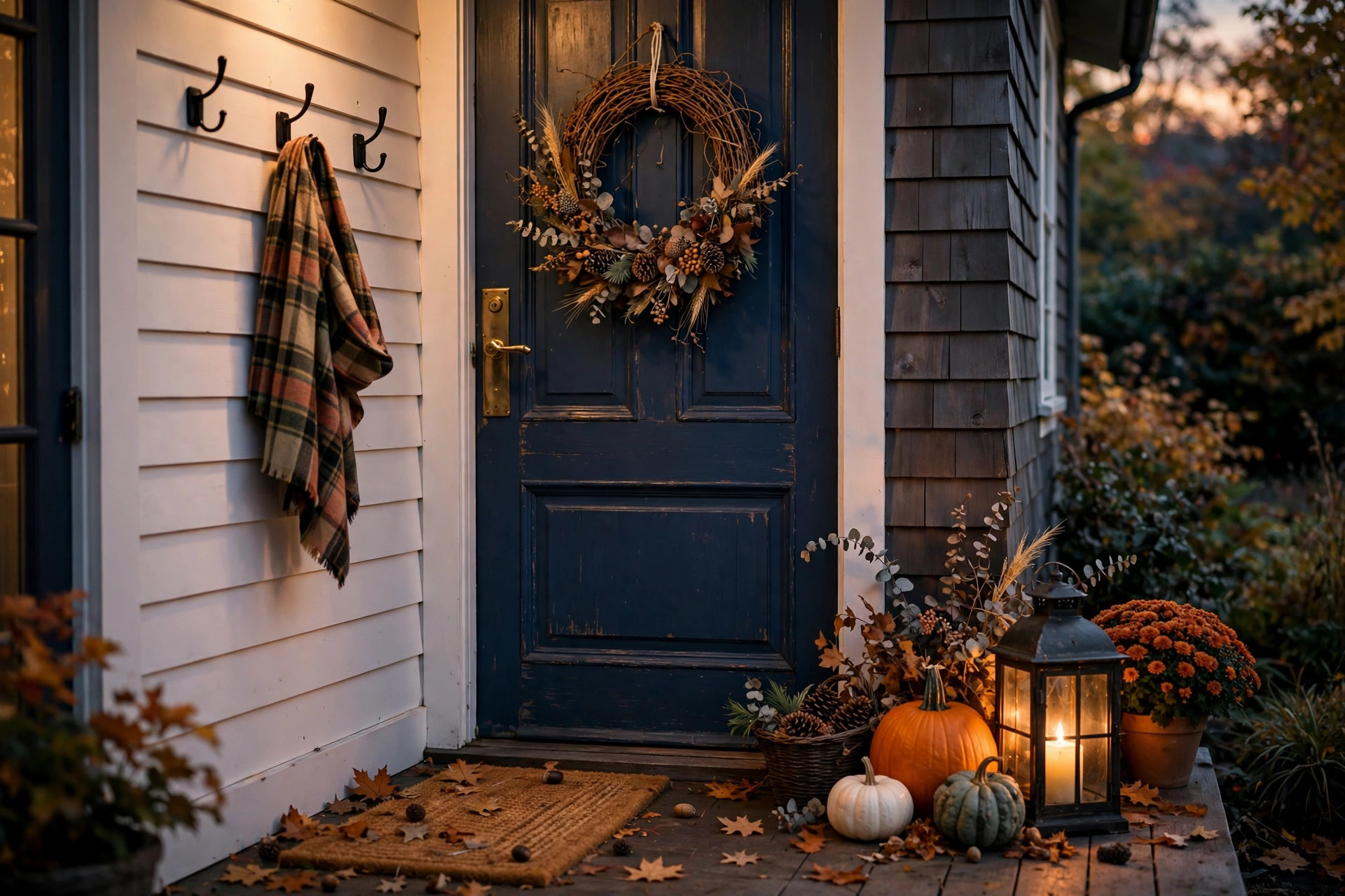 Fall entryway with grapevine wreath, pumpkins and a warm lantern