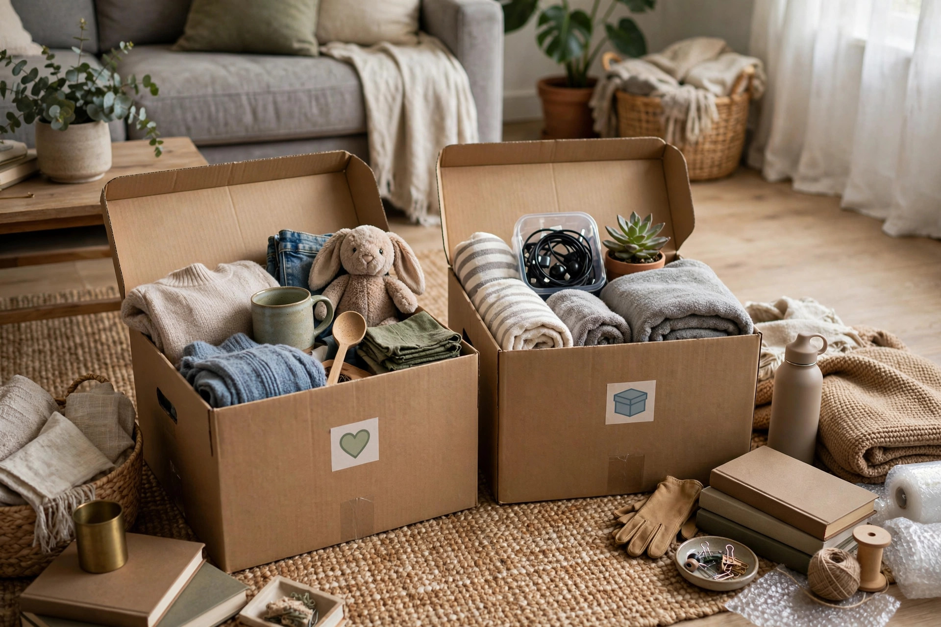 Decluttering Your Home: A Simple Room-by-Room Guide - sorting belongings into keep and donate boxes room by room