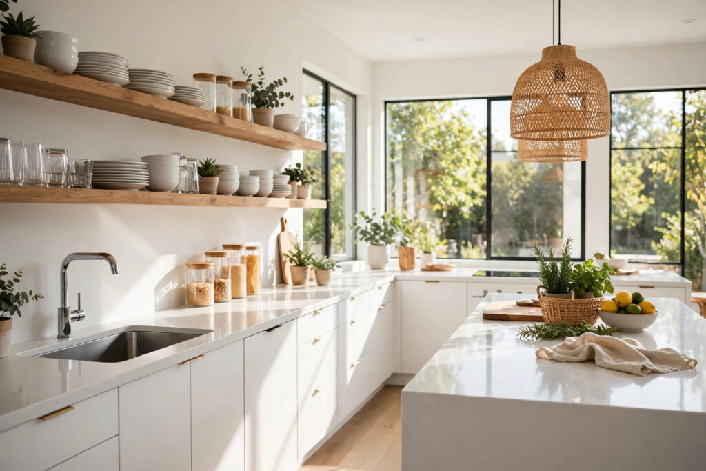 Spotless organized kitchen counters illustrating easy kitchen cleaning tips