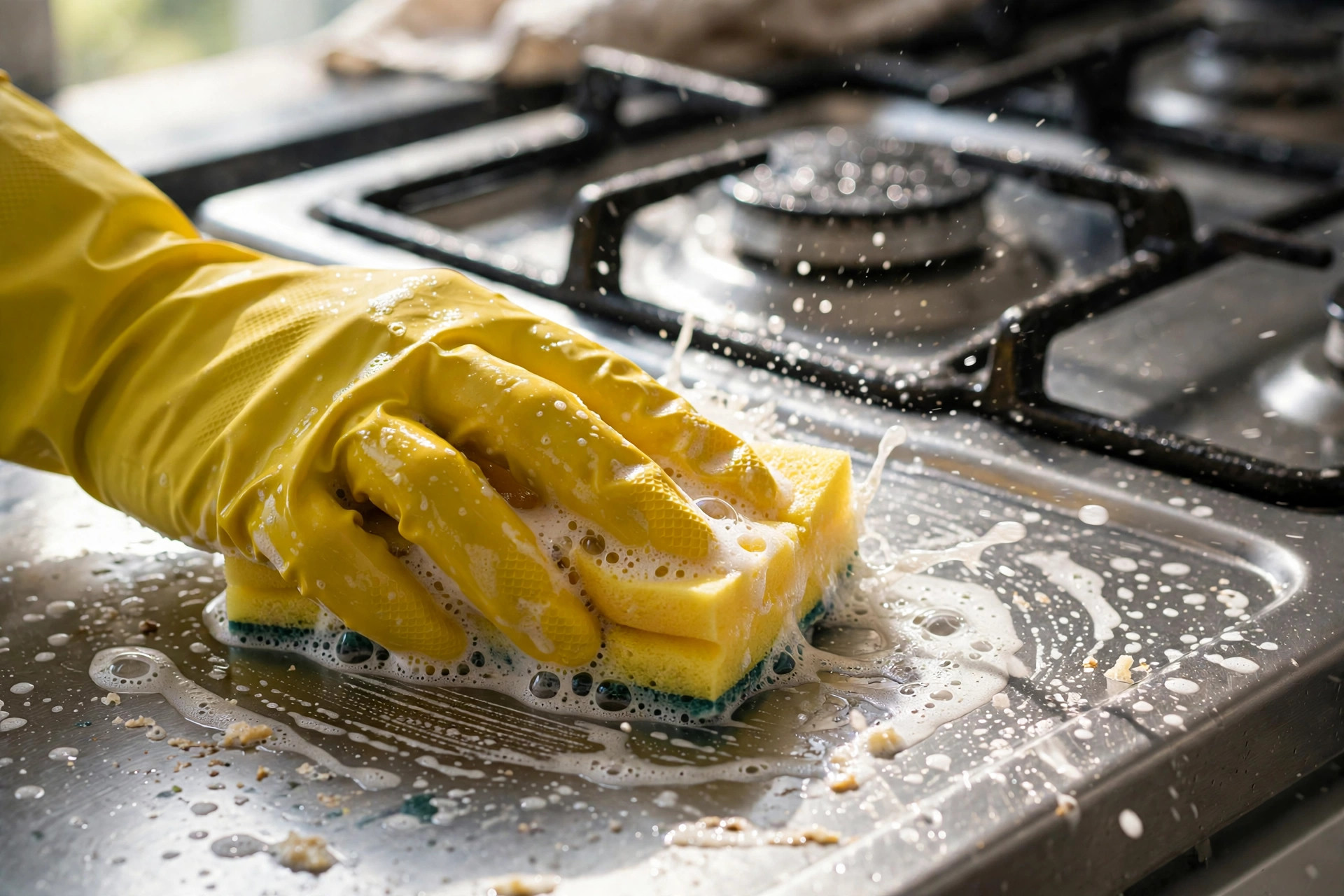 Clean kitchen counters and stovetop after easy kitchen cleaning tips routine