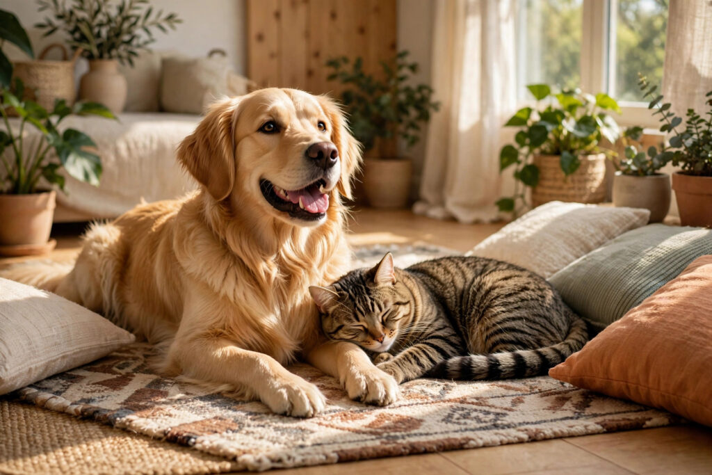 Happy pets at home in a cozy, comfortable living space