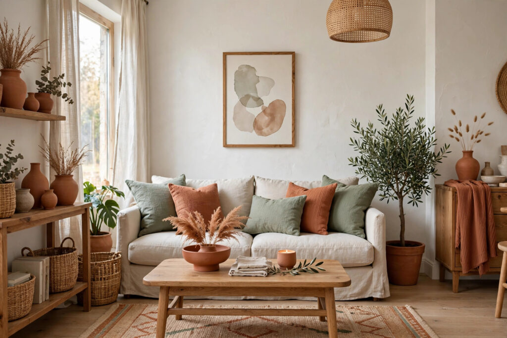 Colorful home interior featured image for how to choose a color palette for your home, showing harmonious wall and furniture colors