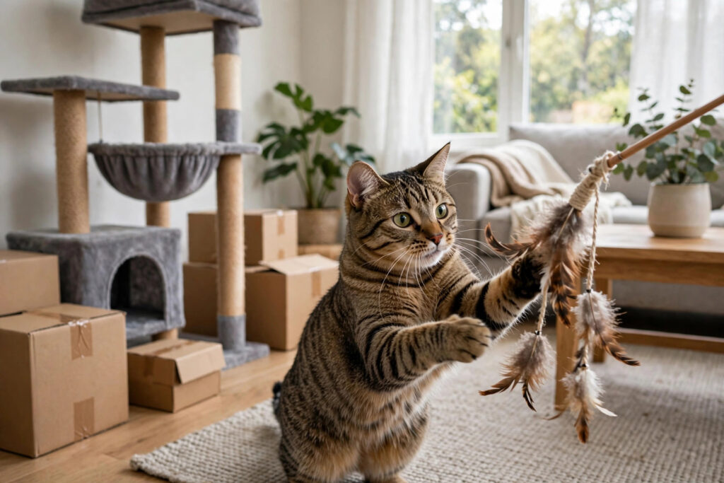 Indoor Cat Enrichment Ideas to Keep Your Cat Happy - cat playing with toys indoors