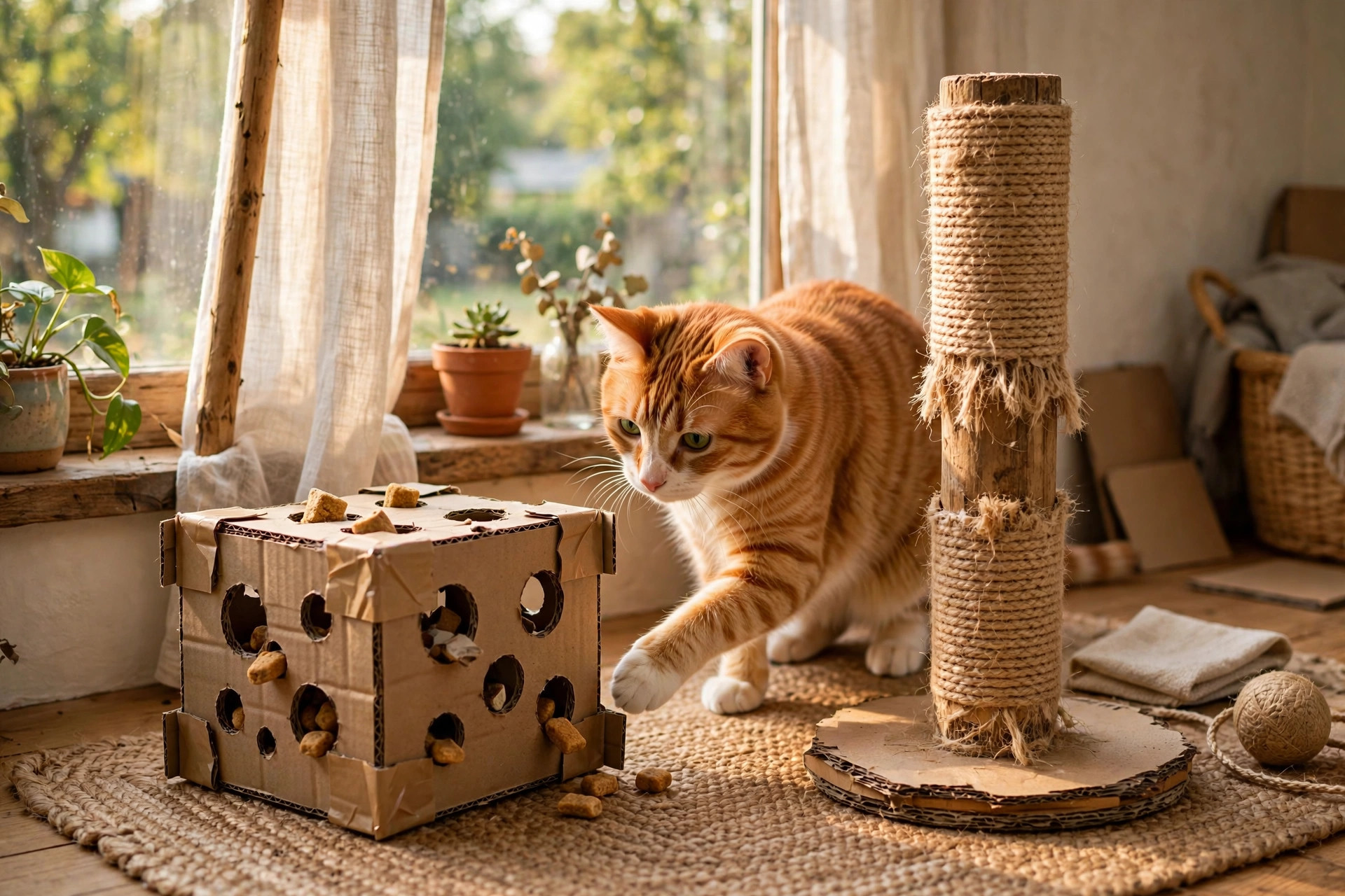 Indoor Cat Enrichment Ideas - cat exploring climbing shelves and puzzle feeder