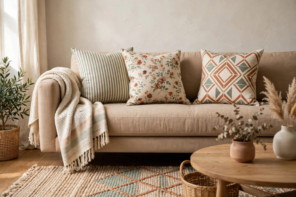 Mixing Patterns and Textures Like an Interior Designer - layered patterned cushions and textured fabrics