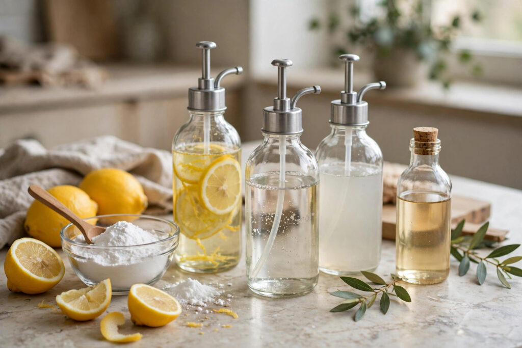 Natural Cleaning Products You Can Make at Home - homemade natural cleaning bottles and ingredients on a kitchen counter