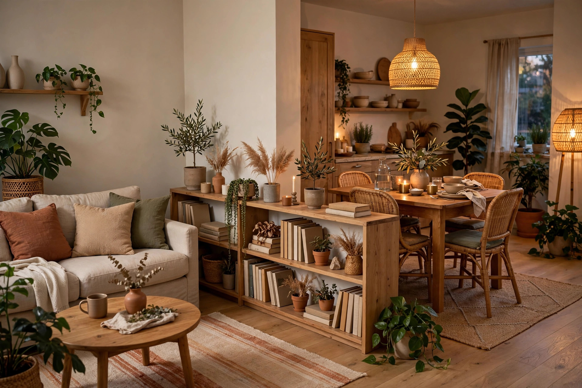Open-plan living room example for open-plan living interior design tips for connected spaces, showing zoned seating and dining areas