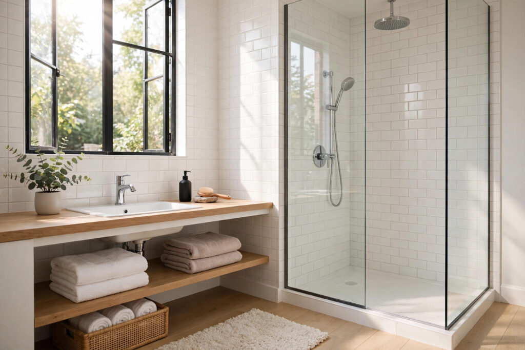 Bright sparkling bathroom illustrating simple bathroom cleaning guide steps