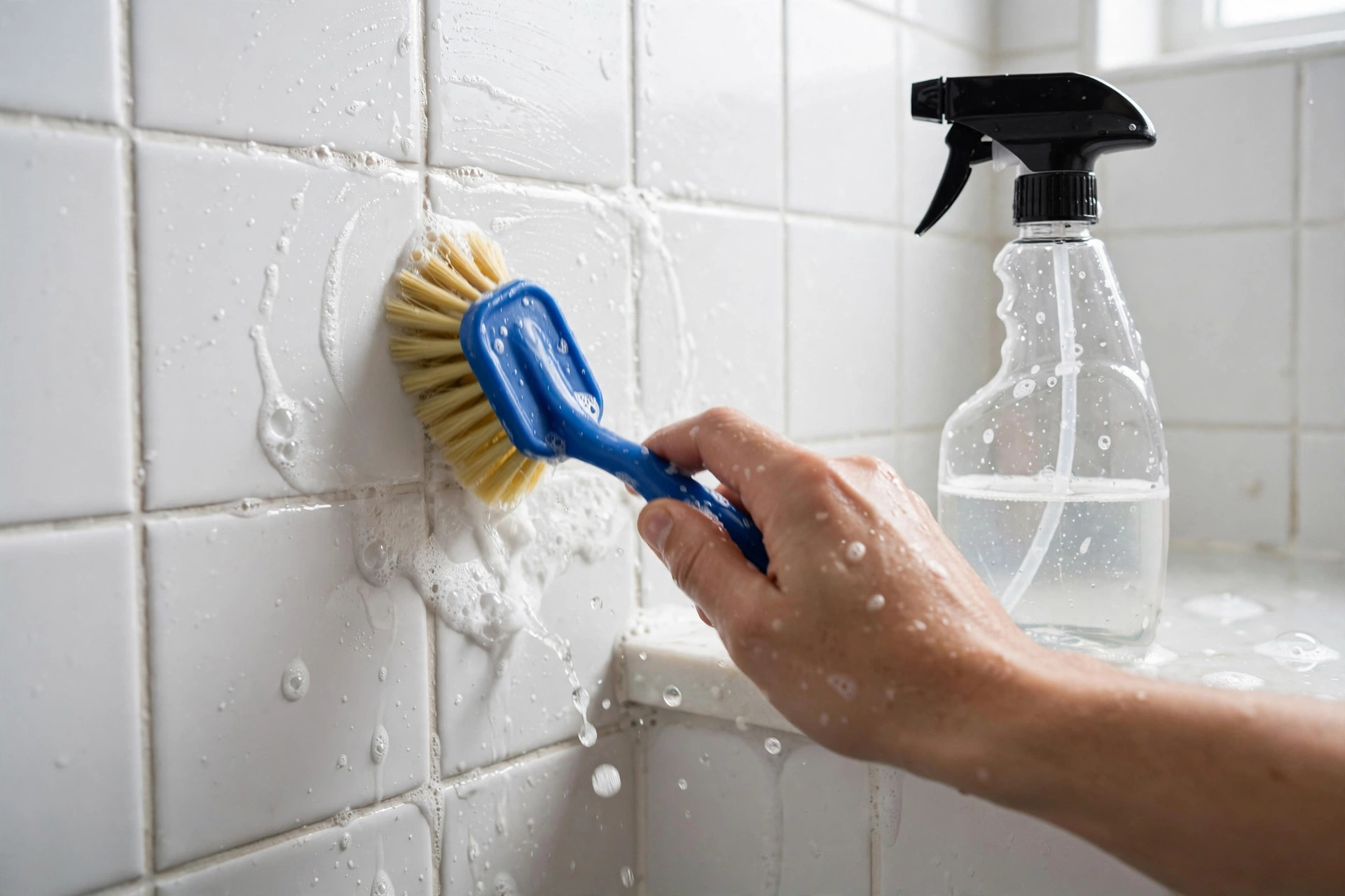 Clean shower and sink area during simple bathroom cleaning guide routine