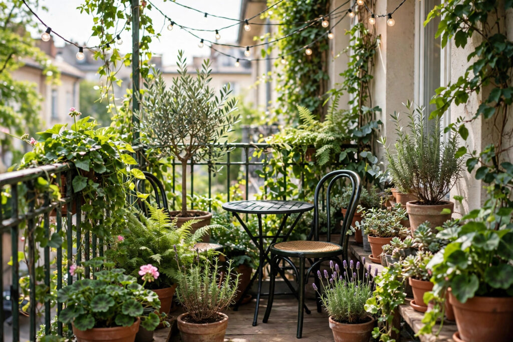 Cozy small balcony garden illustrating small outdoor space ideas