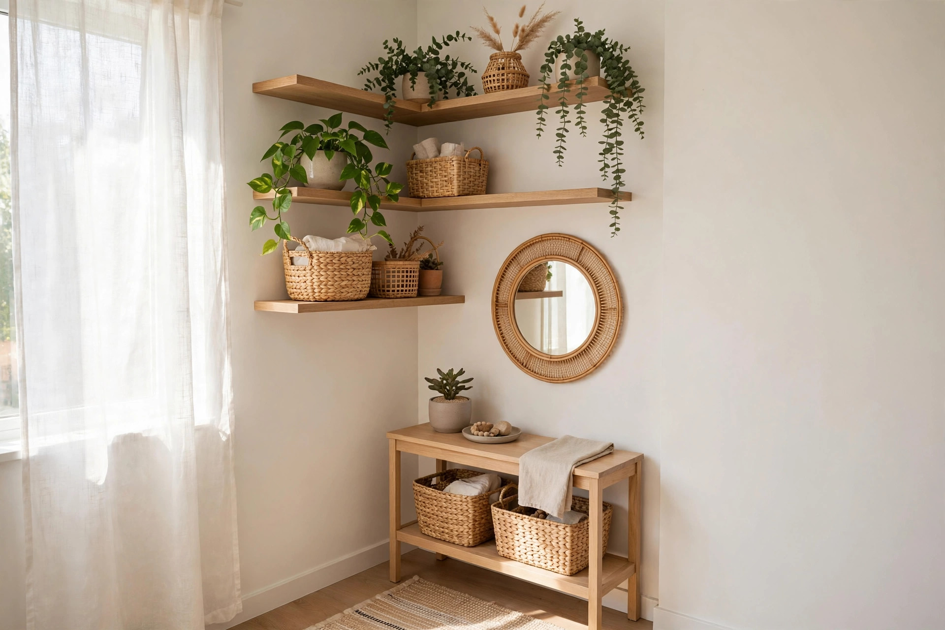 Small space decorating ideas to make any room feel bigger - airy small room with vertical shelving and natural light