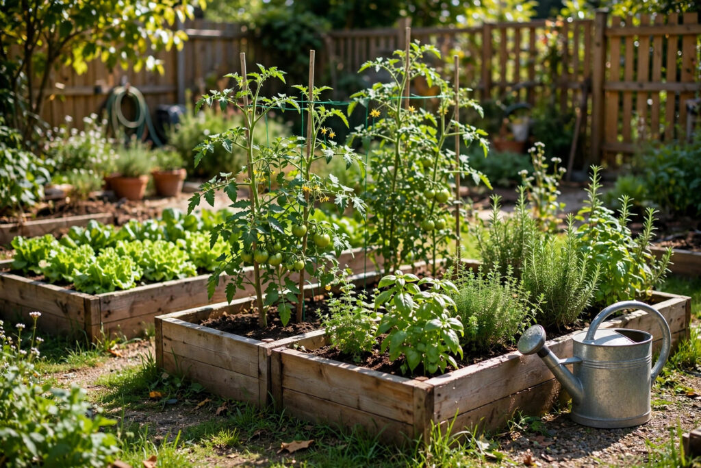 Vegetable gardening for beginners – a sunny vegetable garden with young plants growing in a first home garden