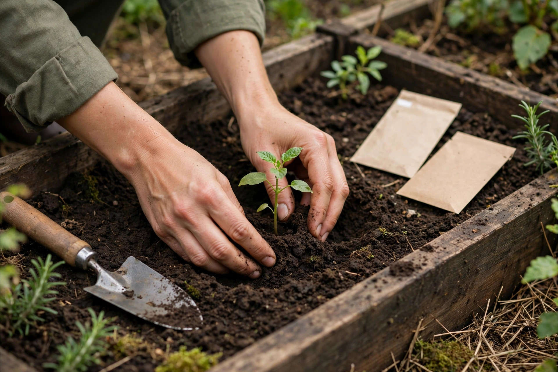 Vegetable gardening for beginners – raised beds and pots filled with healthy growing vegetables in a beginner vegetable garden